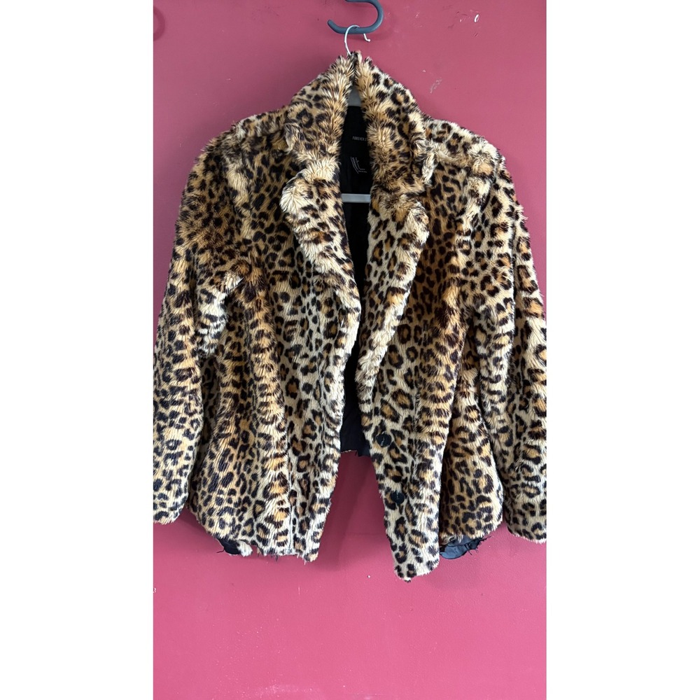 Forever 21 Womens Leopard Print Faux Fur Jacket Brown Tan Small